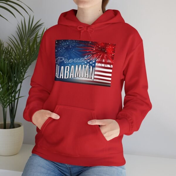 Proudly Alabamian Hoodie – Patriotic Fireworks & Flag Design Unisex Heavy Blend™ Hooded Sweatshirt