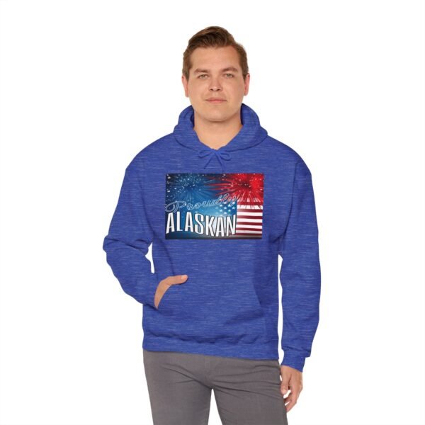 Proudly Alaskan Unisex Heavy Blend™ Hooded Sweatshirt – Patriotic Fireworks & Flag Design - Image 14